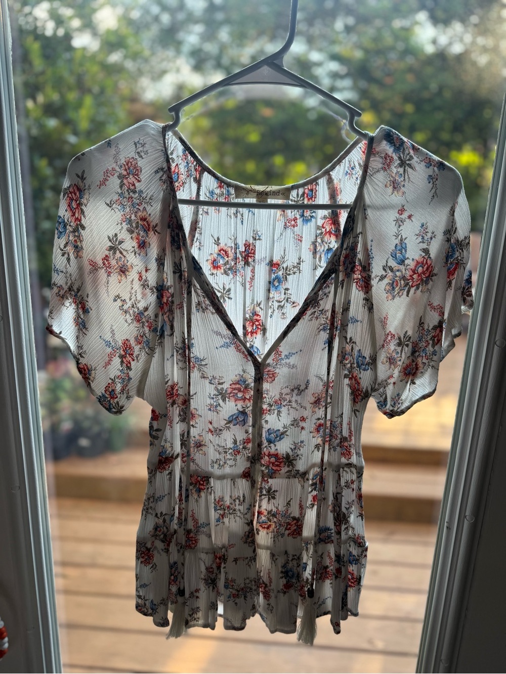 Floral V-Neck Peplum Blouse - White with Red & Blue Floral